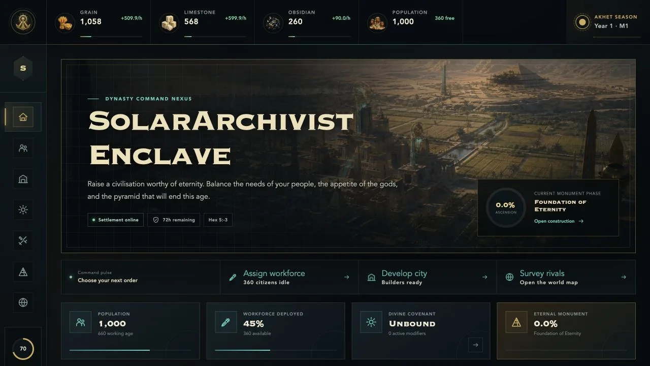Phratek command centre showing village resources, population, and monument progress